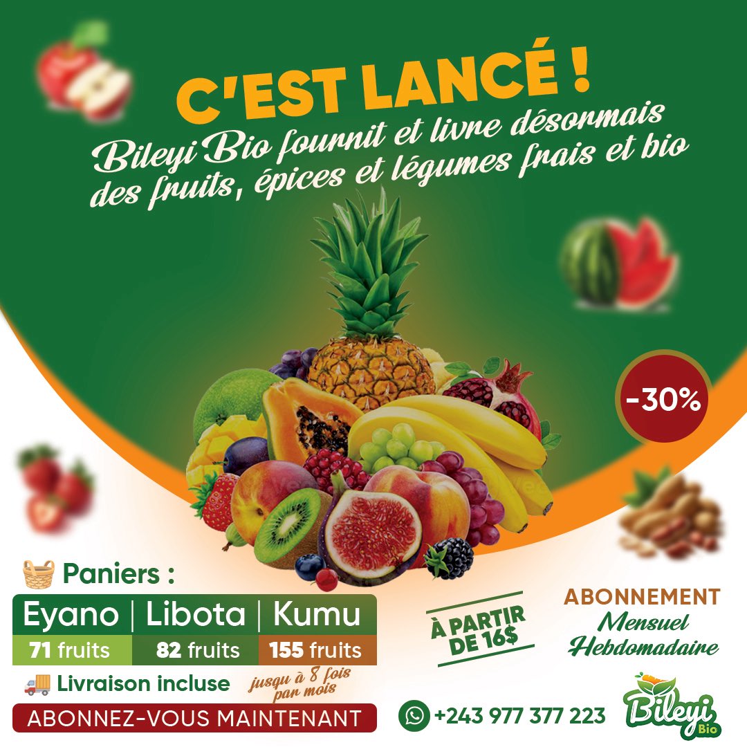 bileyibio's tweet photo. TOUTE UNE FIERTÉ NATIONALE 

Encore plus de fruits, plus de qualité, moins de stress mais aussi et surtout MOINS CHER. 🤗

Plus de 100 diversités 🍓🍉🍅🍍🍇🍏 des fruits bio à partir de 37000Fc par mois. Euh oui, 16$.

#bileyibio #panierkumu #paniereyano #panierlibota #fruitsbio https://t.co/rPVMhJWxZ7