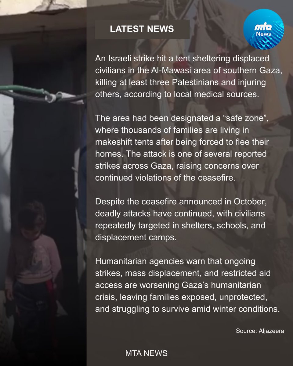 NewsMTA's tweet image. Displaced civilians sheltering in tents were killed in an Israeli strike in southern Gaza - despite an active ceasefire.

An Israeli strike hit a tent in Al-Mawasi area killing at least 3 Palestinians and injuring others, according to local medical sources.