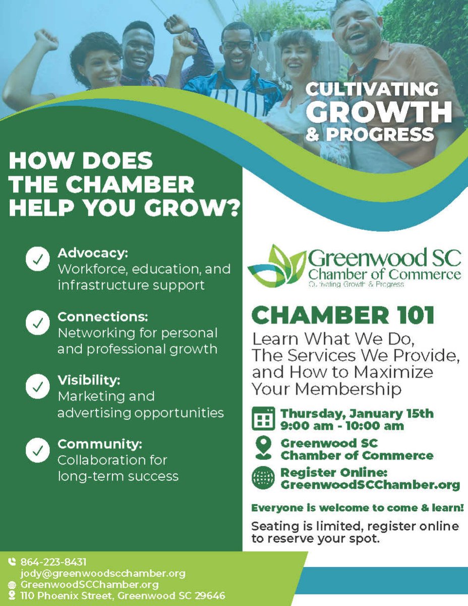 New to the Chamber or need a refresher? 👋

Join us for Chamber 101 on Thursday, Jan. 15 | 9–10 AM at the Greenwood SC Chamber of Commerce.

Learn what we do, how we support local businesses, and how to maximize your membership.

Register 👉 loom.ly/gs48IwI
