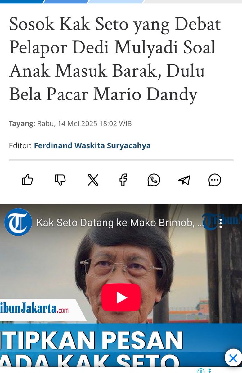 mahakersa's tweet photo. List kontroversi yg pernah terjadi ka seto: 

1. Dukungan/Perlindungan Khusus untuk Anak Ferdy Sambo (2022)  
Kak Seto sebagai Ketua LPAI aktif mendatangi Polri, kunjungi Ferdy Sambo di tahanan, minta perlindungan psikologis & pisahkan anak-anaknya dari bullying akibat kasus pembunuhan Brigadir J.  
   
2. Kasus Aurelie

3. Jadi Saksi Meringankan di Kasus Pelecehan Seksual (SMA SPI, 2022)  
 Kak Seto hadir sebagai ahli psikologi untuk terdakwa Julianto Eka

4. Dukungan Program Barak Militer untuk Anak Nakal 
Debat panas vs pelapor ke Komnas HAM: Ada yang bilang potensi pelanggaran HAM anak

5. Kritik ke Publik Figure Lain (misal Ahmad Dhani, 2025)  
Kak Seto kecam Ahmad Dhani yang ekspos konflik Maia Estianty/Mulan Jameela di medsos demi bela anak.  

Kontroversi lain yang lebih kecil: Kadang dituding pencitraan karena backgroundnya (sekolah Mentari miliknya disebut elite/old money), atau sikapnya yang tegas tapi dianggap inkonsisten.