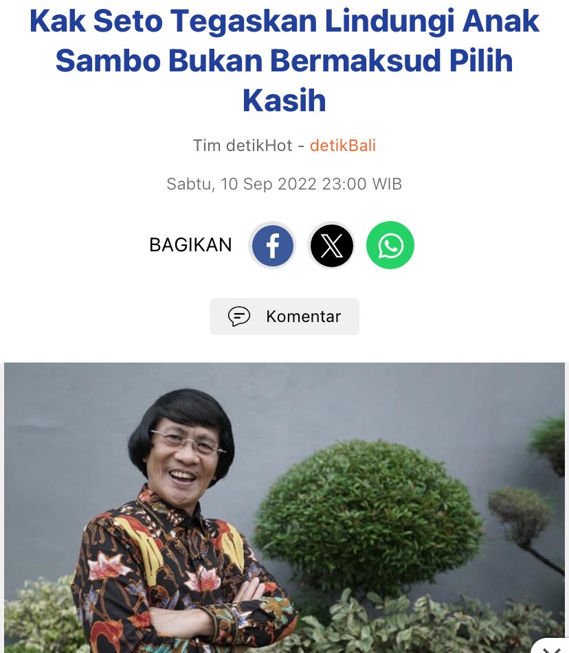 mahakersa's tweet photo. List kontroversi yg pernah terjadi ka seto: 

1. Dukungan/Perlindungan Khusus untuk Anak Ferdy Sambo (2022)  
Kak Seto sebagai Ketua LPAI aktif mendatangi Polri, kunjungi Ferdy Sambo di tahanan, minta perlindungan psikologis & pisahkan anak-anaknya dari bullying akibat kasus pembunuhan Brigadir J.  
   
2. Kasus Aurelie

3. Jadi Saksi Meringankan di Kasus Pelecehan Seksual (SMA SPI, 2022)  
 Kak Seto hadir sebagai ahli psikologi untuk terdakwa Julianto Eka

4. Dukungan Program Barak Militer untuk Anak Nakal 
Debat panas vs pelapor ke Komnas HAM: Ada yang bilang potensi pelanggaran HAM anak

5. Kritik ke Publik Figure Lain (misal Ahmad Dhani, 2025)  
Kak Seto kecam Ahmad Dhani yang ekspos konflik Maia Estianty/Mulan Jameela di medsos demi bela anak.  

Kontroversi lain yang lebih kecil: Kadang dituding pencitraan karena backgroundnya (sekolah Mentari miliknya disebut elite/old money), atau sikapnya yang tegas tapi dianggap inkonsisten.