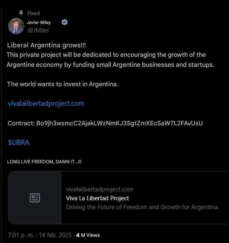 The worst crypto scams led by politicians

- Donald Trump ~ TRUMP
- Melania Trump ~ MELANIA
- Javier Milei ~ LIBRA
- Cuba Goverment ~ CUBA
- Ryan Fournier ~ TIKTOK
- Senator John Cornyn ~ USA
- Martin Shkreli ~ DJT
- Marco Feliciano ~ BRAZIL
- Eric Adams ~ NYC

What else?