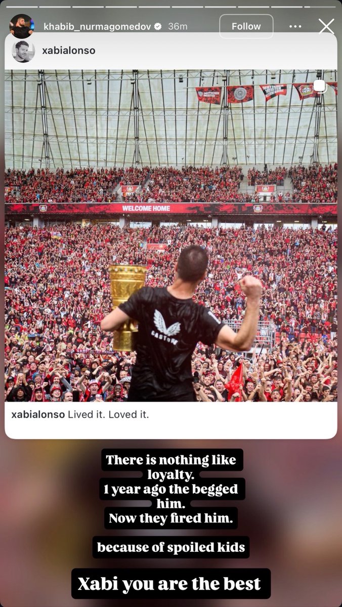 🚨| La RÉACTION de Khabib Nurmagomedov au DÉPART de Xabi Alonso : 

"Il n'y a rien de tel que la loyauté. Il y a un an, ils le suppliaient, maintenant ils le licencient à cause d'enfants gâtés. Xabi, tu es le meilleur." ✅🤍