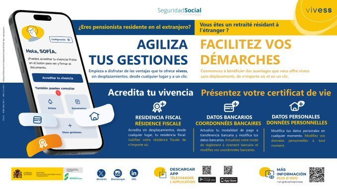 ✍️Eres #pensionista 🇪🇸 y resides en 🇫🇷 ?
🔍Utiliza la App 📱 #VIVESS para:
🔸Mandar tu #FedeVida 
🔸Modificar tu #DOMICILIO 
🔸Cambiar de #CuentaBancaria y modalidad de pago a transferencia 
🔸Acreditar tu #ResidenciaFiscal 

🎞️Vídeo explicativo ▶️bit.ly/4kCz1YX