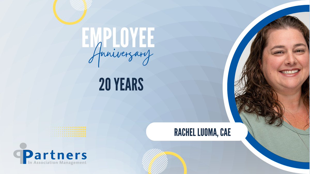 Congratulations to Rachel Luoma, CAE for 20 years with Partners in Association Management! Fun Fact: Rachel can’t get through the day without lots and lots of sleep. Happy work anniversary!! #EmployeeAnniversary #PartnersProud #PartnersStrong