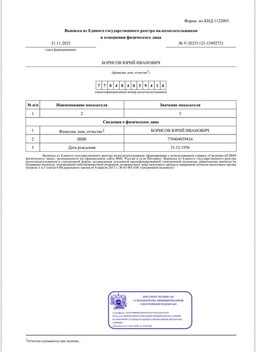 Официально иметь два ИНН в 🇷🇺 нельзя, но если ты сенатор и бывший глава Роскосмоса Юрий Борисов и тебе не хочется афишировать свои реальные доходы, платить алименты, то можно..