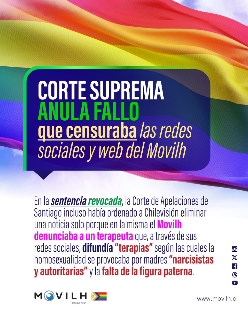 Un terapeuta recurrió a tribunales para que se nos exigiera censurar una denuncia por homofobia y para que Chilevisión borrara nuestras declaraciones. En 1ra instancia el tribunal falló a su favor. Pero apelamos y la Suprema nos dio la razón.  ¡Felices! movilh.cl/corte-suprema-…