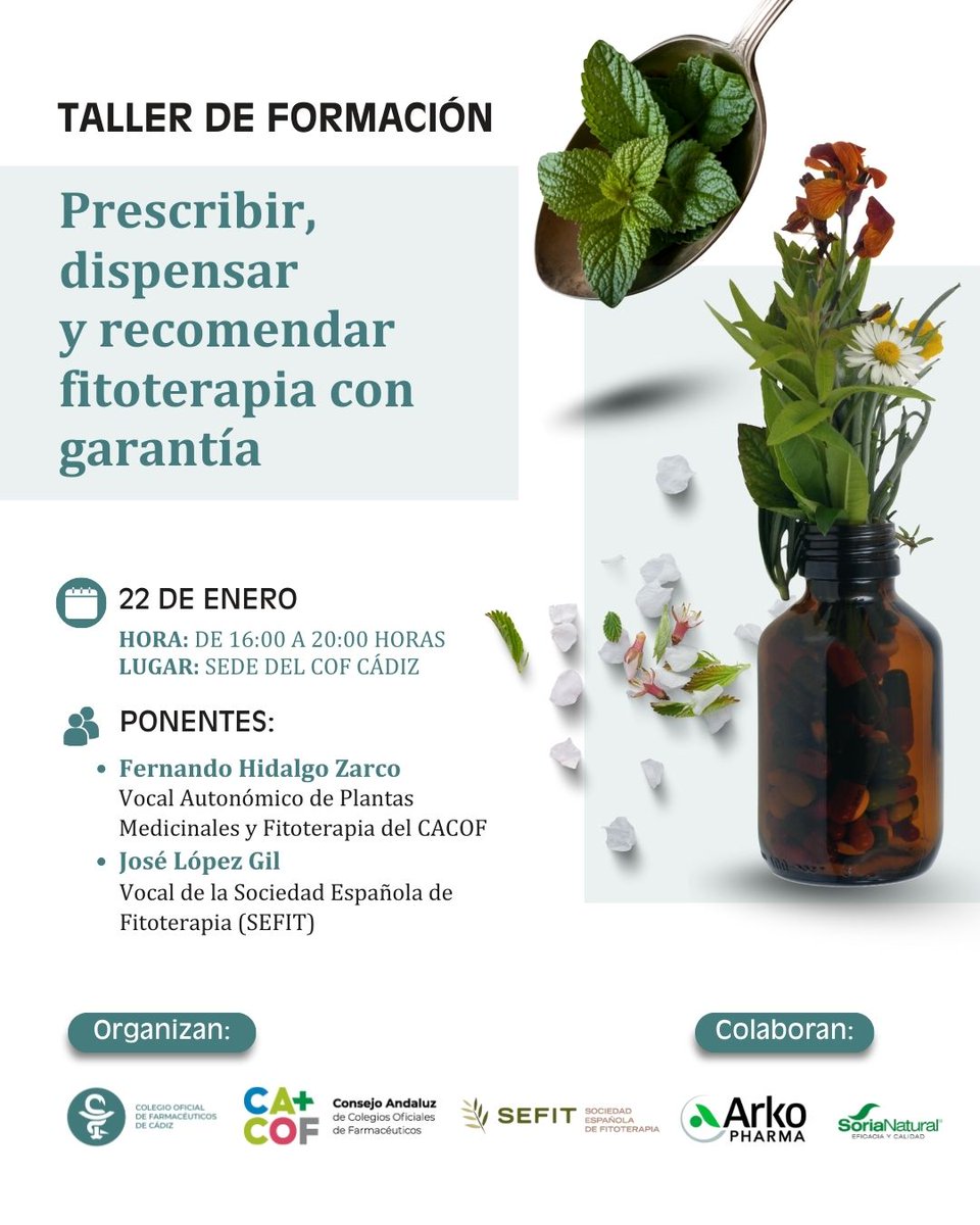 📣 ¡INSCRÍBETE! Nuestro Colegio acoge el 22 enero el Taller "Prescribir, Dispensar y Recomendar #Fitoterapia con Garantía", con el fin de ofrecer a #farmacéuticos y técnicos de farmacia las herramientas necesarias para dispensar productos fitoterápicos de forma segura y eficaz.