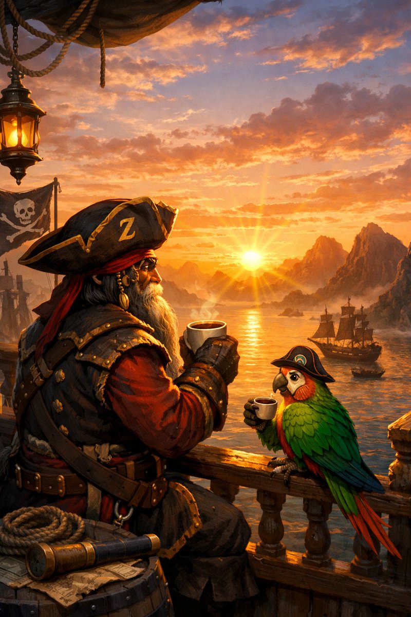 Kid2Comeback's tweet photo. Good morning, Zebec Nation βοΈπ΄ββ οΈπ
Coffee in hand, eyes on the horizon.
The pirate and his parrot know how to start the day β calm seas, rising sun, and conviction in what they hold.
Builders wake early.
Believers stay steady.
#ZBCN #Zebec #PayFi #GoodMorning #StakeAndBake #GenerationalWealth