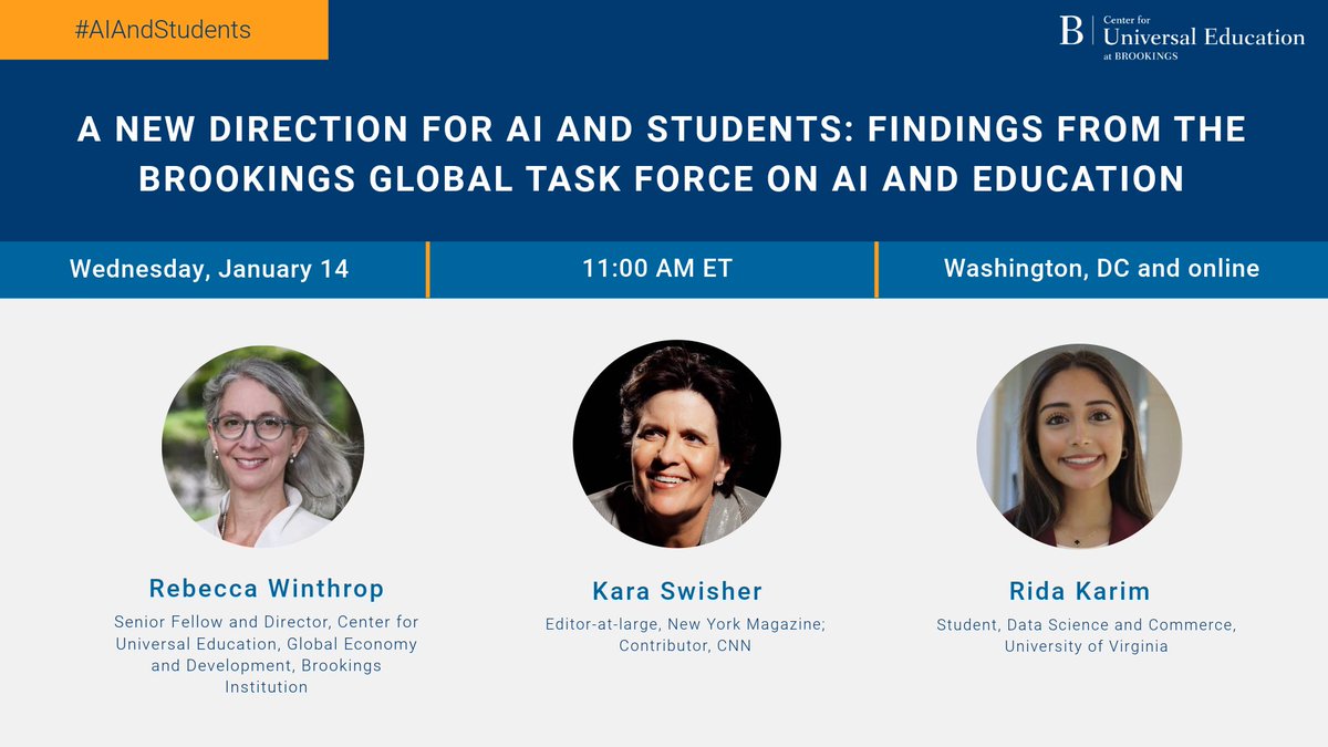 Tomorrow, Jan 14, <a href="/karaswisher/">Kara Swisher</a>, Rebecca Winthrop, and Rida Karim discuss the future of #AIAndStudents, drawing from new Brookings research. Register: brookings.edu/events/a-new-d…