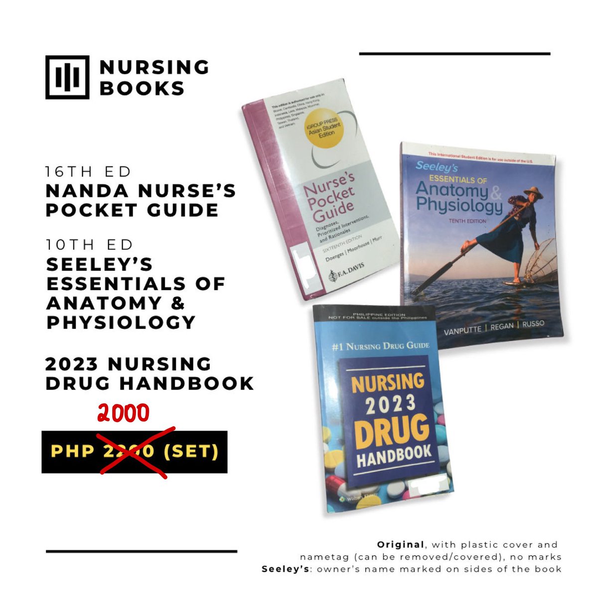 sunyangeu's tweet photo. 📗 𝗡𝘂𝗿𝘀𝗶𝗻𝗴 𝗕𝗼𝗼𝗸𝘀 𝗳𝗼𝗿 𝗦𝗮𝗹𝗲: 

GET ALL FOR ₱2000 ONLY ‼️

• NANDA Nursing Pocket Guide – ₱700
• Nursing Drug Handbook 2023 – ₱700
• Seeley’s Anatomy and Physiology – ₱800

💸 𝗠𝗢𝗣: GCash
📍 𝗟𝗢𝗖: Iloilo City
📦 𝗦𝗵𝗶𝗽𝗽𝗶𝗻𝗴: Nationwide via J&amp;T https://t.co/91Wqz82GOA