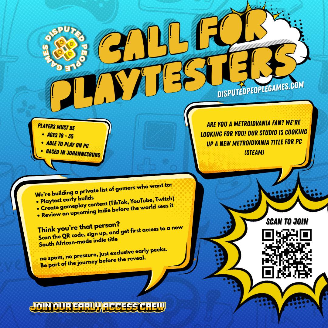 🚀 Joburg Metroidvania players — this one’s for you.

Disputed People Games is building a new indie Metroidvania, and we’re recruiting an early-access playtester crew 👾

If you:
• Are 18–35
• Play on PC
• Want early builds, hands-on testing, or to create gameplay content