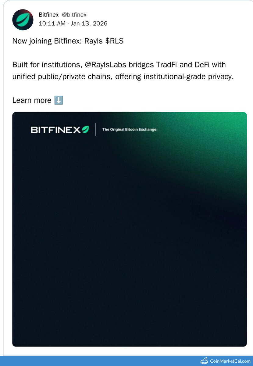 🆕 New Rayls $RLS event! 15 Jan 2026 Bitfinex Listing Source:  https://t.co/xOa74iCQFV