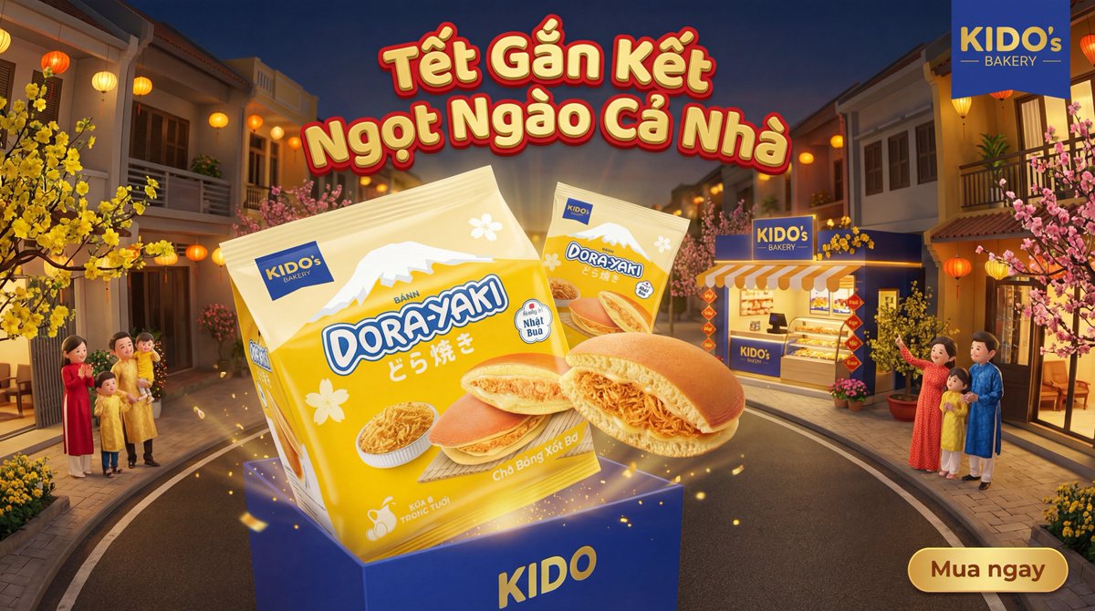 YaoHuynh's tweet image. Day 08/∞ — Daily AI Banner | Commercial Challenge
#KIDO’sBakery 🧁🧧
From bakery product → warm, festive, Tết-inspired key visual, designed for FMCG ads, retail &amp;amp; social platforms.
Drop a brand or product for the next day 👇
#AIイラスト #KeyVisual #FMCGAds