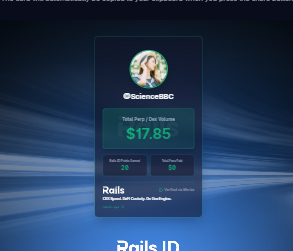 ScienceBBC's tweet photo. Just generated my Rails ID off $17.85 of DEX volume.

Grab your ID and plug into Rails Play, the newest product from @rails_xyz designed to teach you how to trade perps, for boosted Points: https://t.co/c058h3qWBQ https://t.co/2MDavRJZtT
