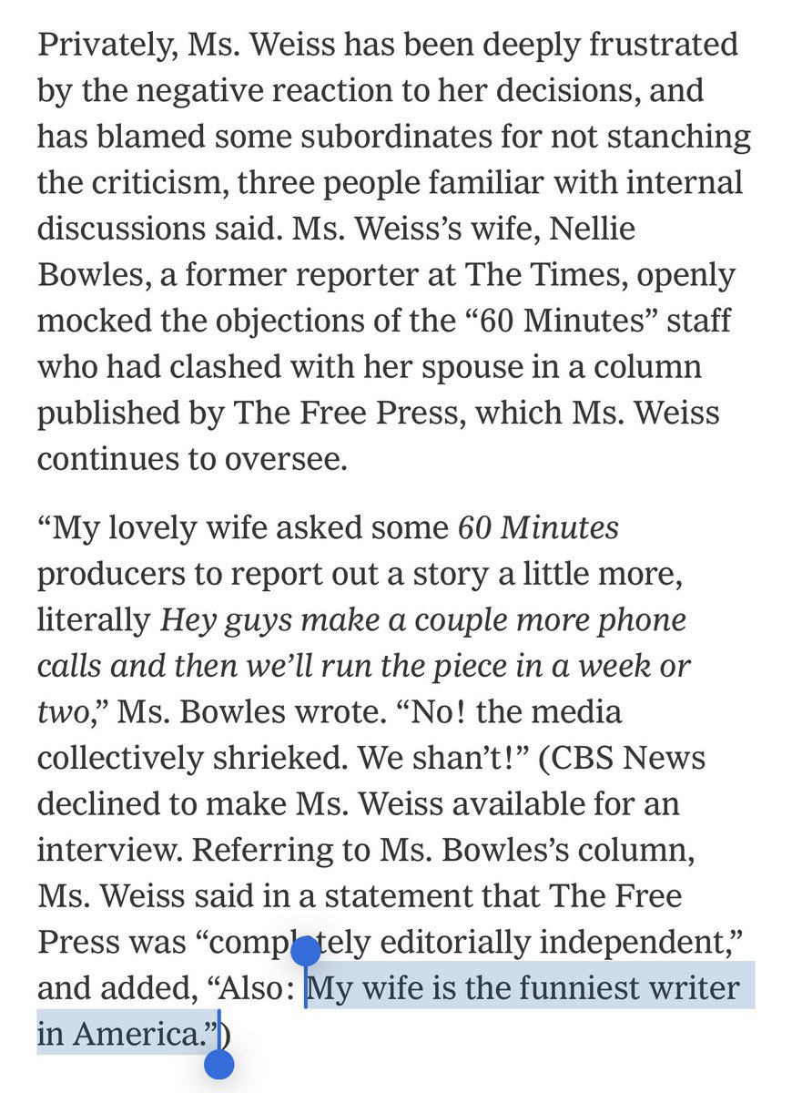 jtes's tweet image. rewriting scripts, pulling segments, scolding staff, sending memos … still got time to hype her wife in the paper she loathes 

whatta story @grynbaum @BenMullin 

nytimes.com/2026/01/13/bus…
