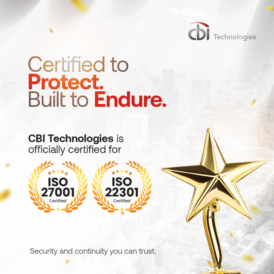cbi_tech's tweet photo. CBI Technologies is officially ISO 27001 &amp; ISO 22301 certified, reinforcing our commitment to protecting data and keeping systems running when it matters most.

#CBITechnologies #swift #fast #secure https://t.co/92cGoFqxmR