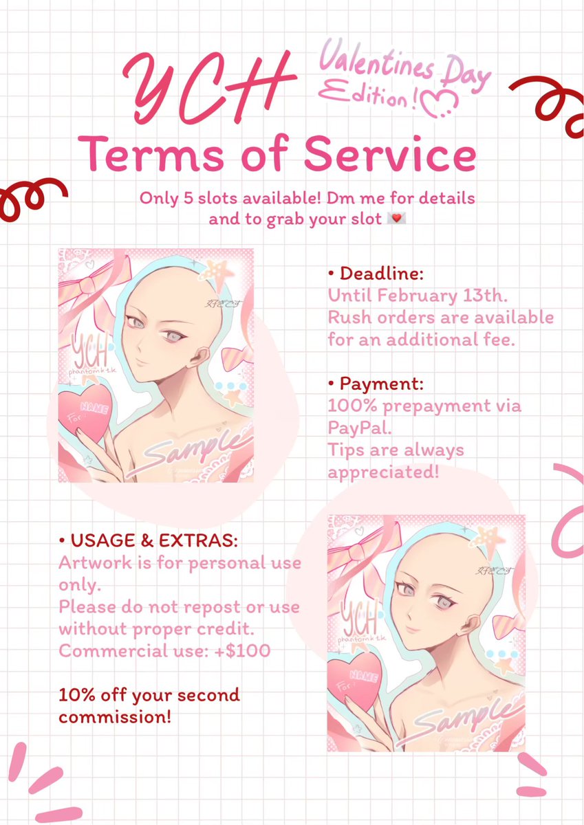 YCH commissions now open! 💌
The perfect gift for someone special (or yourself)! Right now only 5 slots are available, I'll keep you guys updated if there's more. 
Thank you for all of the support that means the world to me💗
#ValentinesDay #ych #ychcommission