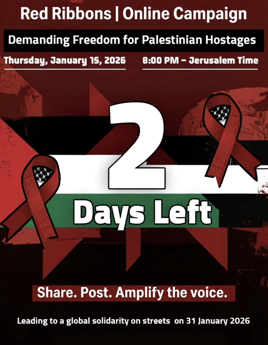 Two days left. The momentum is building.
Prepare your profile picture, videos, and messages.
بعد يومين فقط. الزخم يكبر.
جهّزوا صور الحسابات، الفيديوهات، والمنشورات.
#الحرية_للأسرى #FreePalHostages