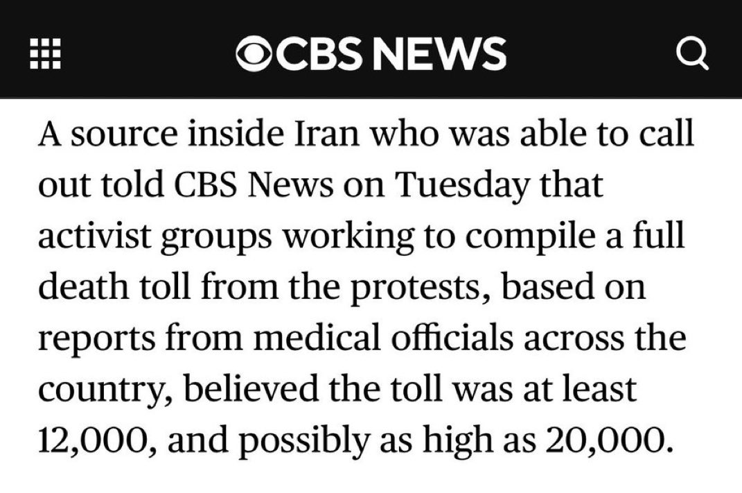 El verdadero número de muertos en Irán es probablemente entre 12.000 y 20.000, mientras el régimen terrorista islamista reprime violentamente a los iraníes que exigen libertad, dijo una fuente a CBS.

Créditos: <a href="/IsraelWarRoom/">Israel War Room</a>