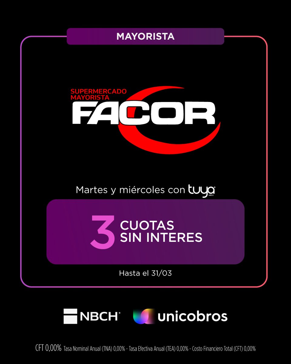 🛒Bienvenido FACOR a la familia UNICOBROS

¡Comprá y pagá mejor con Tuya los martes y miércoles con 3 cuotas sin interés
📆 Válido hasta el 31/03

Si todavía no sos parte de Unicobros ¿qué estás esperando para sumarte?🤔
📌Ingresá a nuestra web f.mtr.cool/jxcbxtjegh