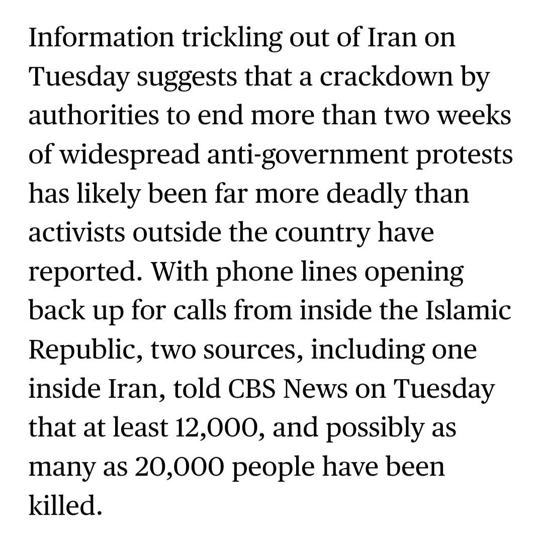 KeithWoodsYT's tweet image. CBS news is claiming the death toll in Iran could be "as many as 20,000," claiming to get this number from two sources, including one in Iran.

These numbers, which are being used to pressure for a US intervention, are just totally unbelievable, but there will be absolutely no…