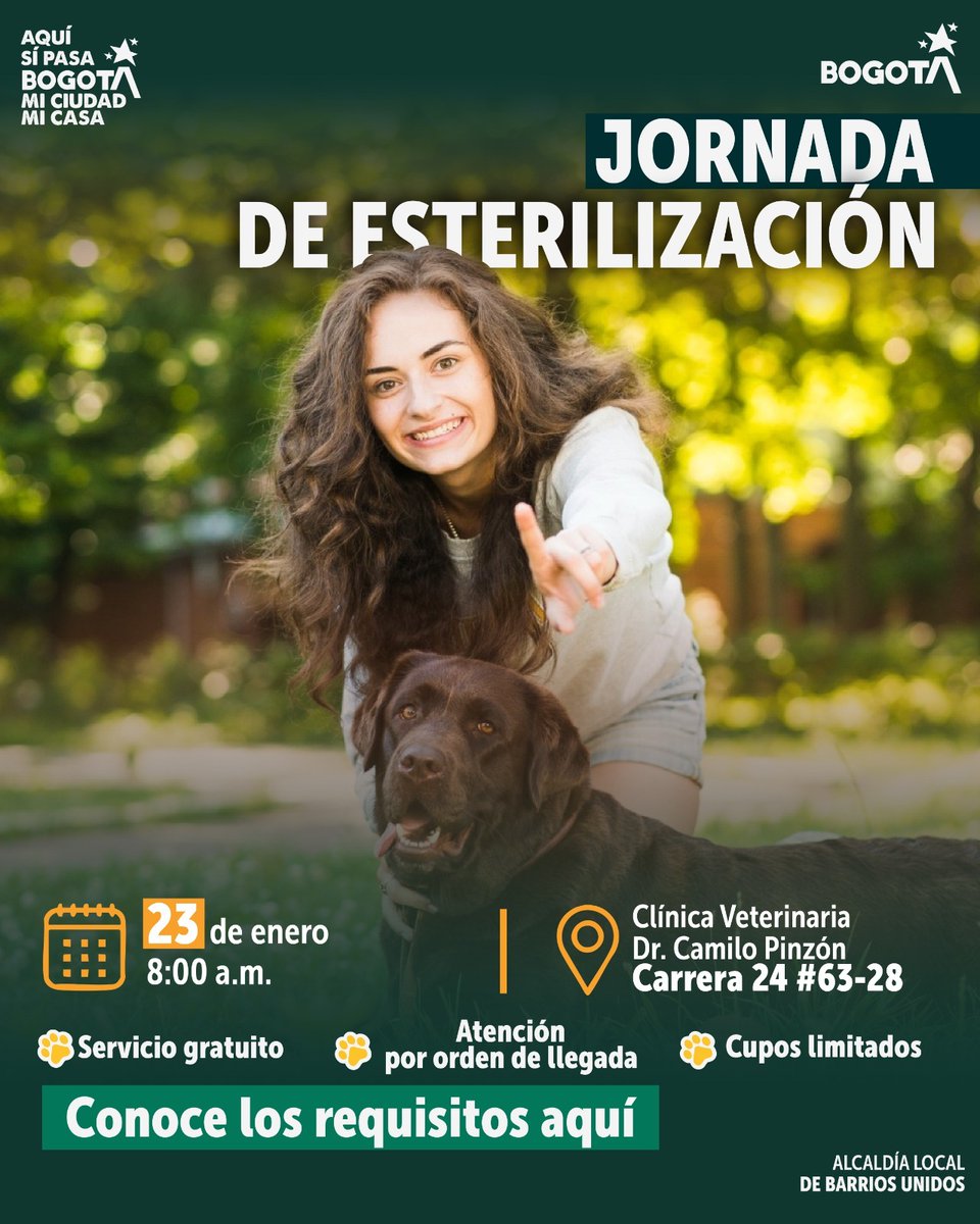 AlcaldiaBunidos's tweet photo. 🐾 Este 23 de enero tenemos jornada gratuita de esterilización 🐶🐱

📍 Cra. 24 #63-28 | 🕗 8:00 a.m.
Cupos limitados – ¡llega temprano!

💚 Por el bienestar de tus mascotas y un territorio responsable

#BarriosUnidos #BienestarAnimal #Esterilización #AvancemosUnidos https://t.co/SOY2wAjPZm