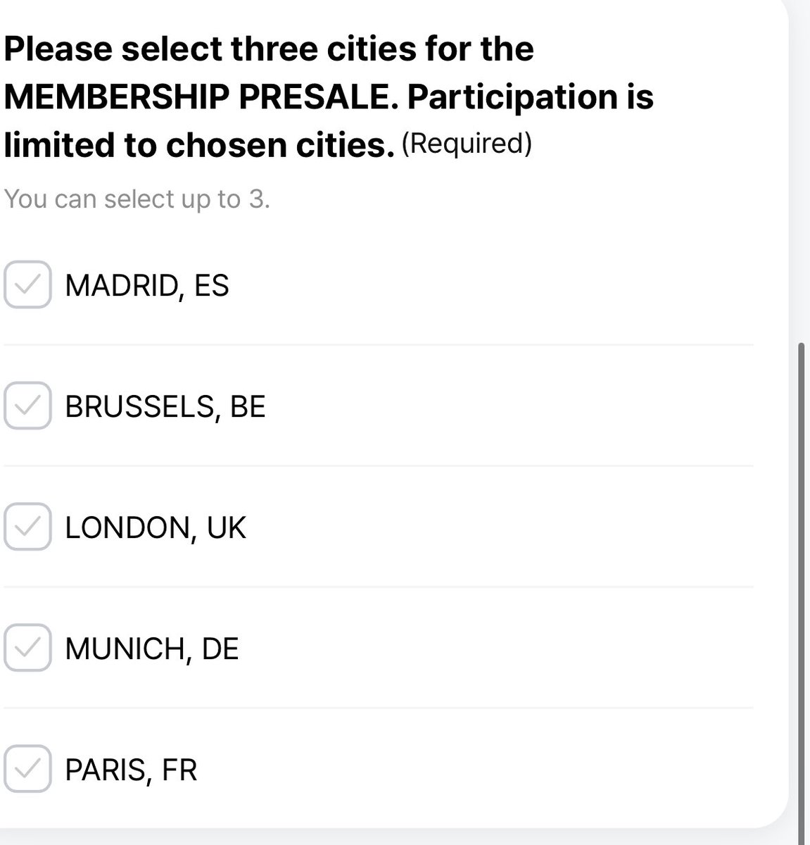 Step 1: Kauft eure ARMY Membership für den Presale. 

Step 2: Ihr müsst euch bis zum 19.01.26 12:00 Uhr für das Presale Ticketing anmelden!

Ihr könnt maximal 3 Städte auswählen!