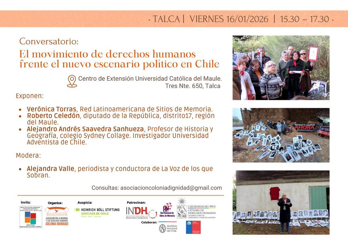 DDHHcdignidad's tweet image. Les invitamos también al Conversatorio: "El Movimiento de Derechos Humanos frente al nuevo escenario político en Chile".
16 de enero de 15:30 a 17:30 horas en el Centro de Extensión de la Universidad Católica del Maule, 3 Norte N° 650, Talca.
