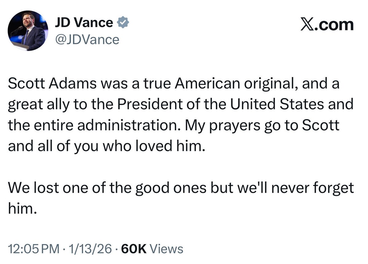 patriottakes's tweet image. Scott Adams: “The best advice I would give to white people is to get the hell away from Black people…

So I think it makes no sense whatsoever as a white citizen of America to try to help Black citizens anymore.”

This is who JD Vance and Trump are celebrating today.
