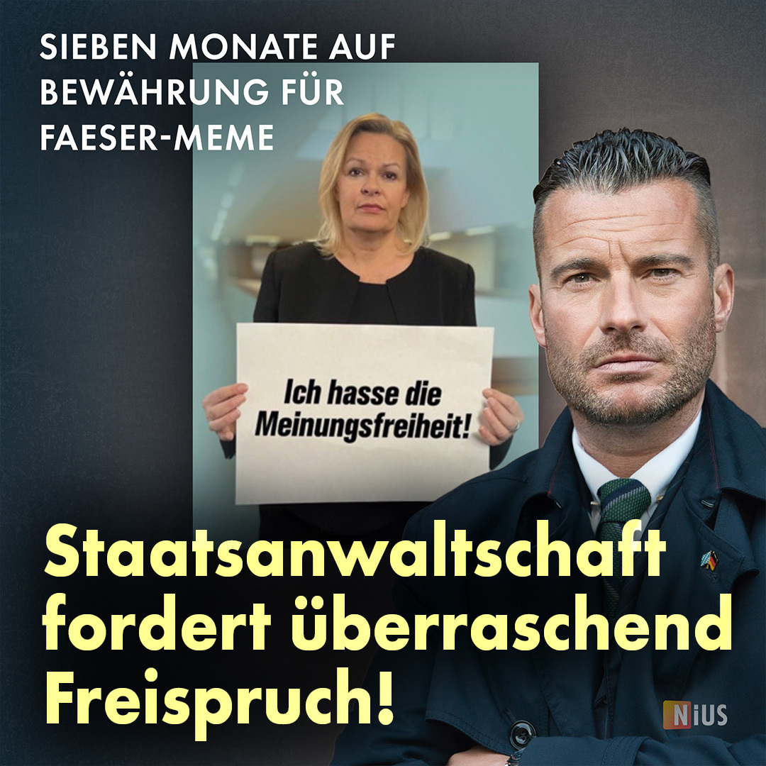 Das kommt überraschend! Die Staatsanwaltschaft Bamberg fordert plötzlich Freispruch im Fall Bendels. Er hatte Ex-Innenministerin Nancy Faeser satirisch die Worte „Ich hasse die Meinungsfreiheit“ in den Mund gelegt und dafür 7 Monate auf Bewährung bekommen. #NIUS