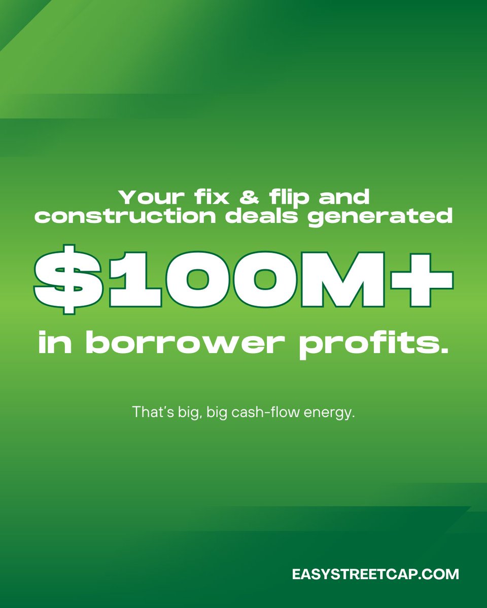 EasyStreetCap's tweet image. Real estate investors using Easy Street Capital had a big 2025.

• $100M+ in borrower profits from fix &amp;amp; flip and construction deals
• $40M+ in rental income generated across DSCR rental properties
Your strategy. Your upside. Our capital.

#DSCR #HardMoney #EasyStreetCapital