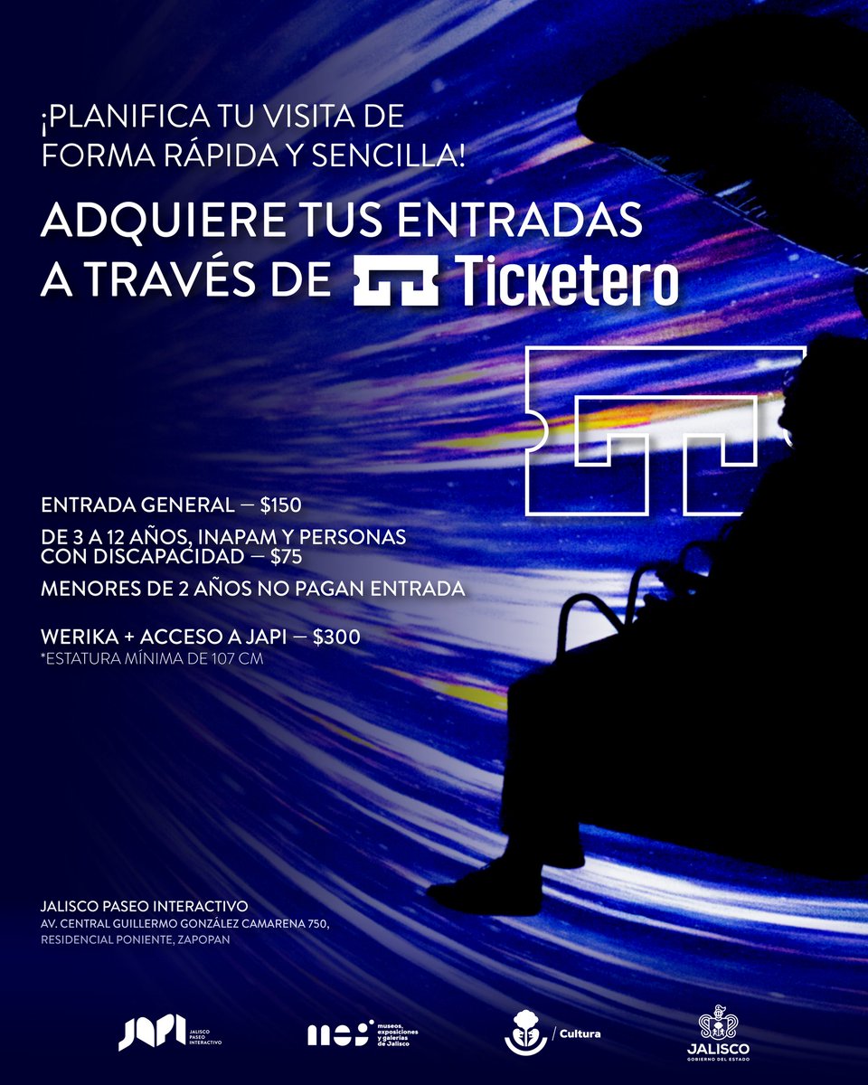 CulturaJalisco's tweet image. ¡Vive en #JAPI tu próxima aventura! ✨
Planifica tu visita de una forma más rápida y sencilla a través de Ticketero.  ¡Solo elige tu fecha y prepárate para la experiencia!
🎟️ Consigue tus entradas en: ticketero.com.mx/japi
‣ Entrada general: $150
*Consulta descuentos