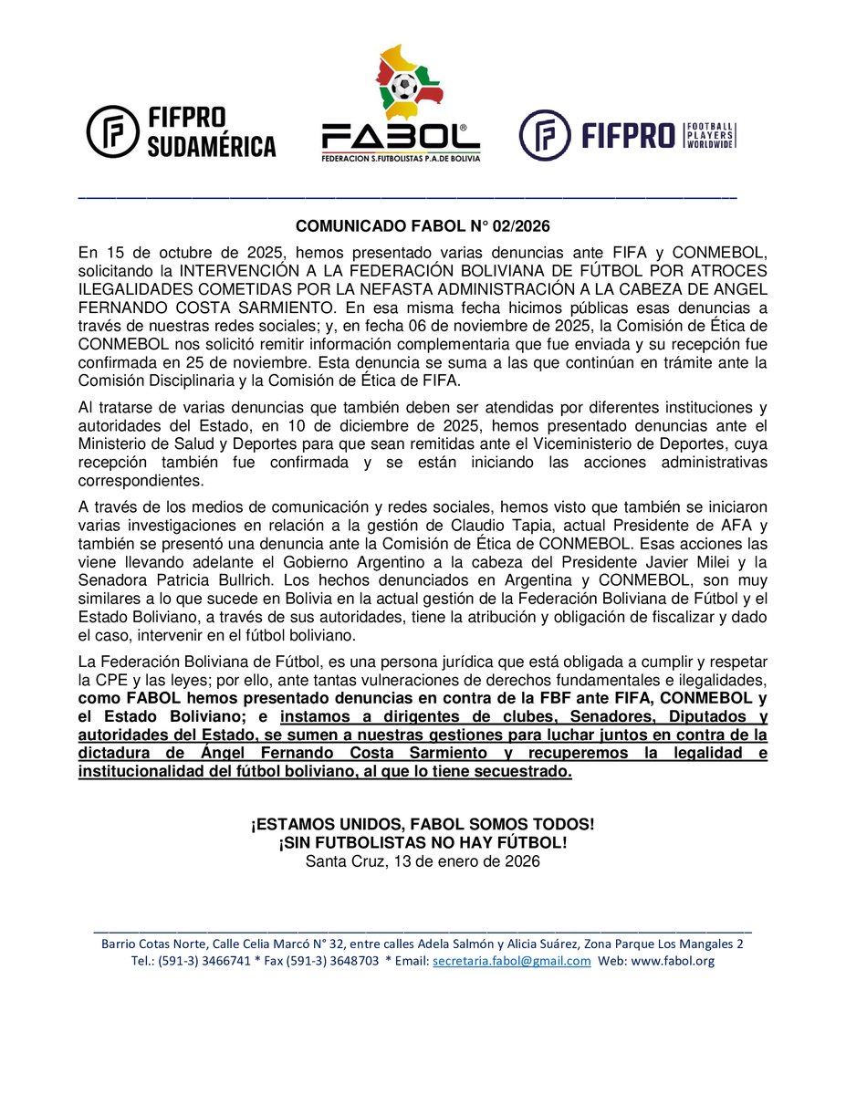 Comunicado 02/2026 de <a href="/fabol_Bolivia/">Federación S. de Futbolistas P. de Bolivia</a> 
#FIFPRO
#sinfutbolistasnohayfutbol