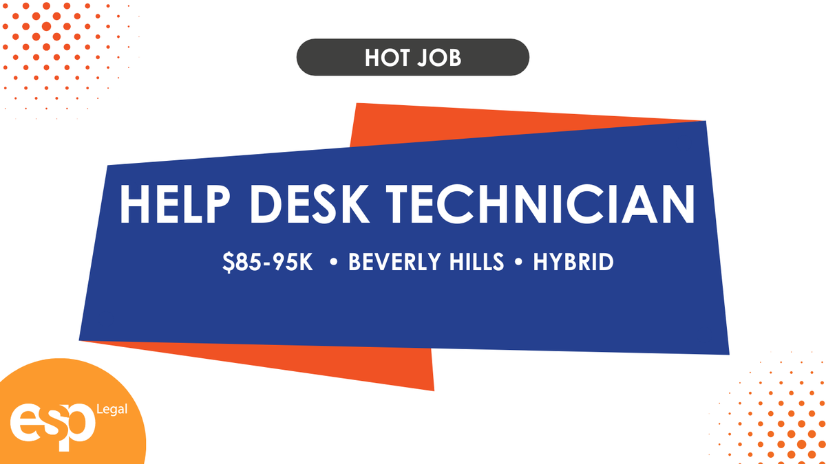 ESPLegal's tweet photo. Hot Job in Beverly Hills: Help Desk Technician with law firm technology support experience &amp; great customer service skills. 

Hybrid (onsite 3 days a week); $85-95K

Email careers@esplegal.com or https://t.co/YI1eRCct25.
#hotjob #legaltechjob #legalITjob #jobposting #hiring https://t.co/lhDMD27YkB