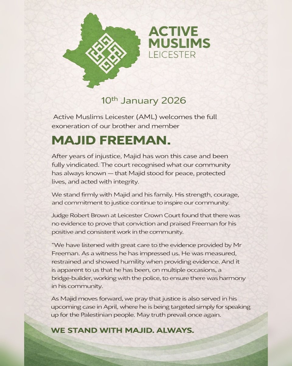 AMLeicester_'s tweet photo. As Majid moves forward, we pray that justice is also served in his upcoming case in April, where Majid and many others are being targeted simply for speaking up for the Palestinian people. May truth prevail once again. #Justice https://t.co/EXdZw3NYId