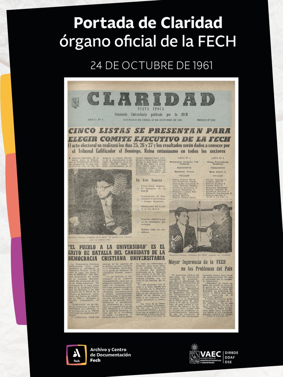 Portada de Claridad, órgano oficial de la FECH, n°5, 24 de octubre de 1961. 
A inicios de la década de los sesentas, la FECH junto a otras federaciones universitarias tuvieron un importante rol en la reconstrucción tras el terremoto de Valdivia de 1960.
#Chile #Fech #Historia