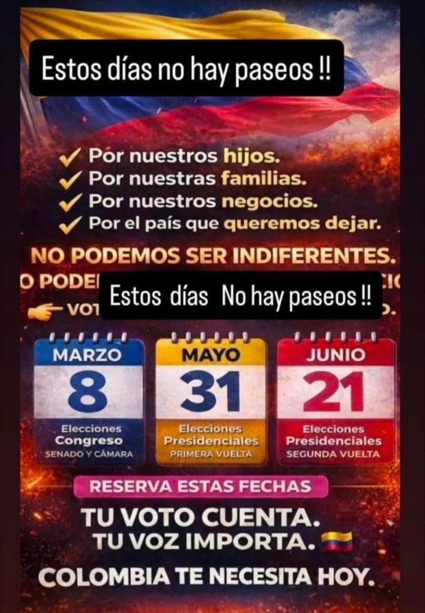 cristinaplazasm's tweet image. Si usted está pensando en irse de vacaciones, ir al Mundial o no votar, es porque no ha entendido la situación alarmante que vive el país.
Estas son las elecciones más importantes de la historia reciente y marcarán nuestro futuro.
Aquí no hay matices: comunismo o democracia.…