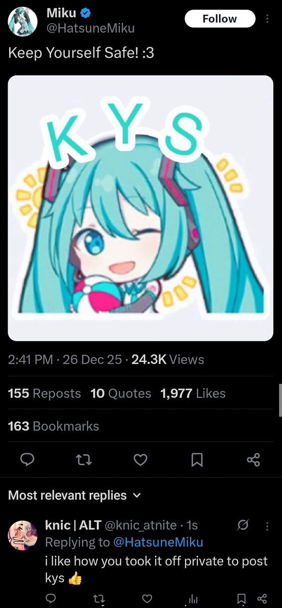 knic_toons's tweet image. im so angry. @cfm_miku @cfm_miku_en you need to look into this (un)official @hatsunemiku account they will openly joke to kys and then mock your own suicide attempt in dms

everyone thinks that @hatsunemiku is a main vocaloid account and I wont support a company or individual who…