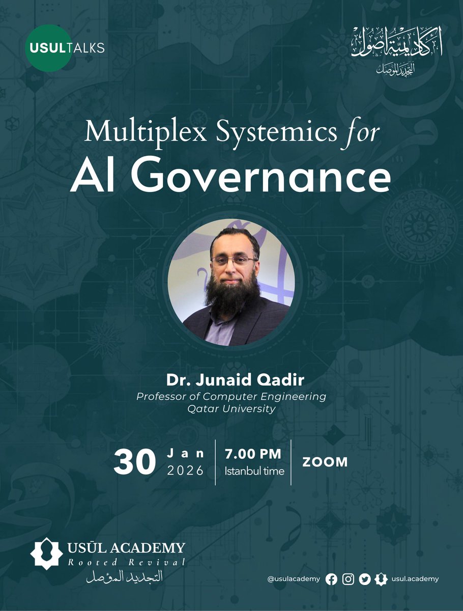 Join us for a talk on Multiplex Systemics for AI Governance with Dr. Junaid Qadir on Friday, January 30th at 7pm Istanbul time. 

Registration link: us06web.zoom.us/meeting/regist…