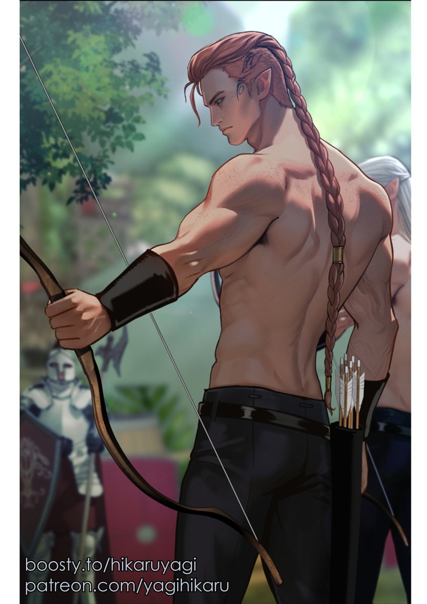 YagiArt's tweet image. Imlerich is practicing archery at the Red Riders' camp. He's pure fanservice, and yes, he has fair skin, but being an elf means he's not afraid of sunburn, so he doesn't shy away from going topless in hot summer weather, just like other elven men. 🫠🥰