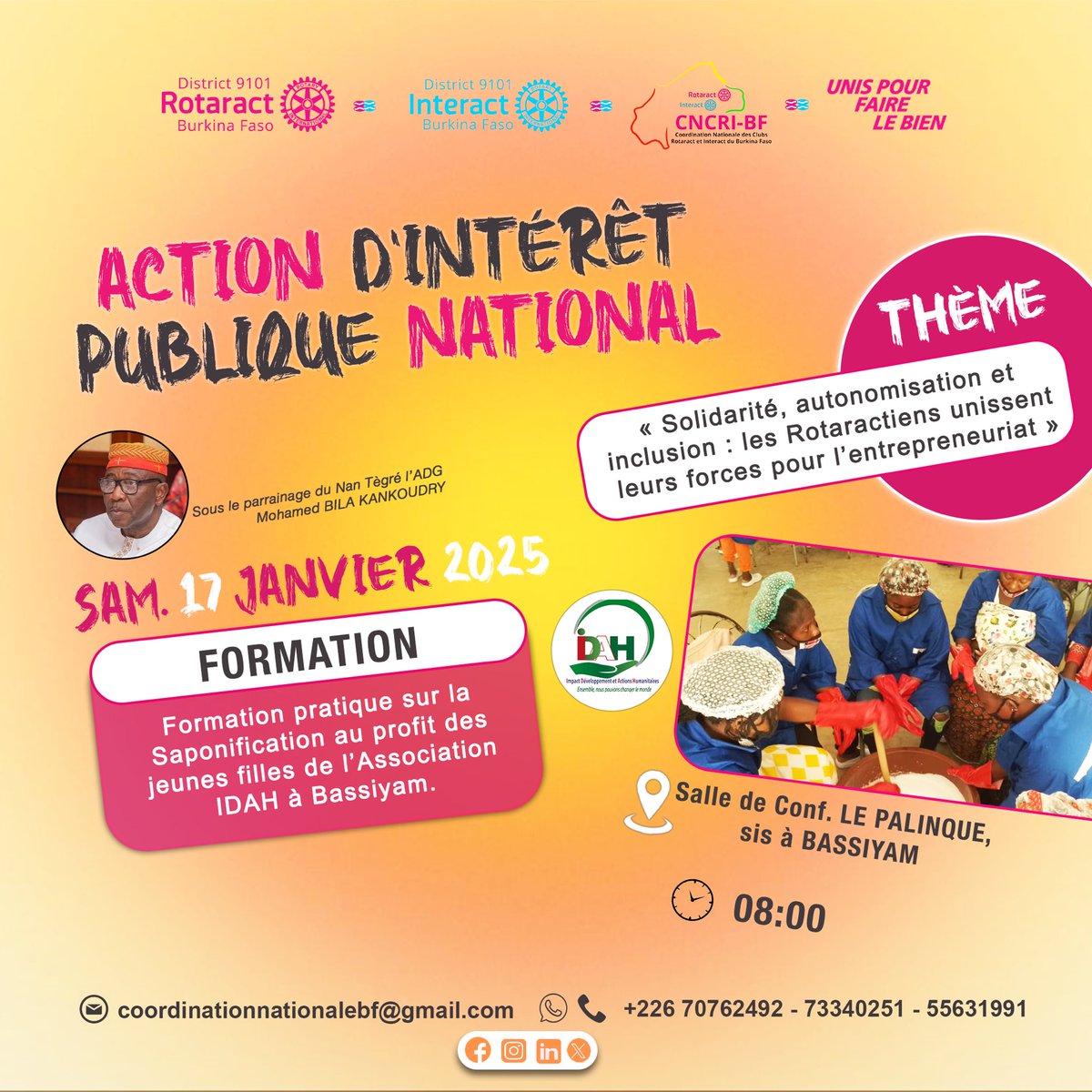 CoordinationBF's tweet photo. Action d’Intérêt Publique National
Nous participons activement au développement de l’économie local du Burkina Faso à travers cet acte.

📆. Ce samedi 17 novembre 2025, 
📍   Salle de conférence Le Palinké, sis à Bassiyam.
⏰ 08:00 du matin GMT

#rotaractbf #cncribf #aipn #idah https://t.co/morkXFu2Do