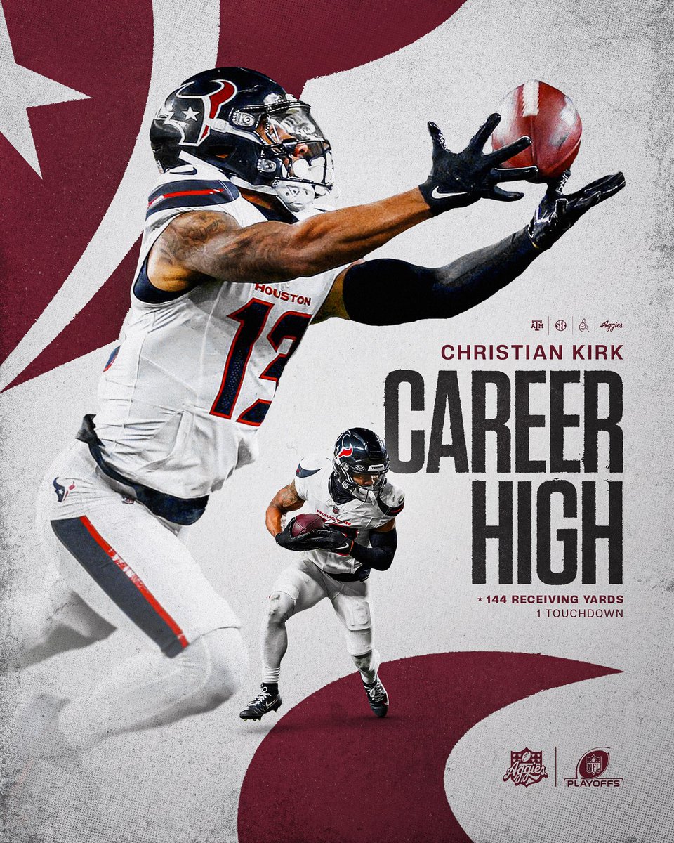 AggieFootball's tweet image. Career night for 1️⃣3️⃣

Career High Receiving Yards✅
Franchise Record - Receiving Yards in a Playoff Game✅

#GigEm | #NFLAggies