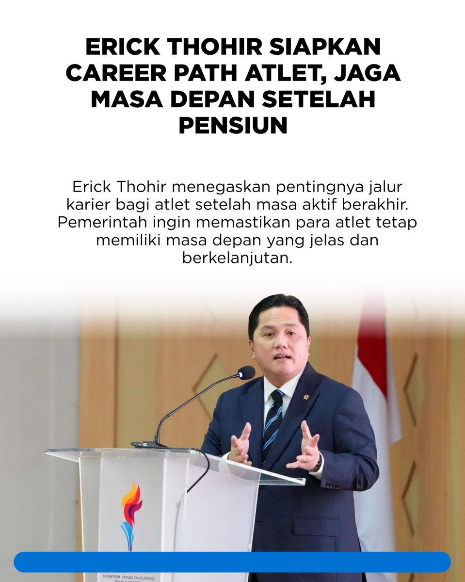 beritamanalagi's tweet photo. Selain prestasi, Menpora Erick Thohir menyiapkan career path untuk atlet. Tujuannya jelas: masa depan olahraga terjamin, dan atlet tak kehilangan arah setelah gantung sepatu.
#berita #kemenpora #menporafu #erickthohir https://t.co/Roxm0sAf3W