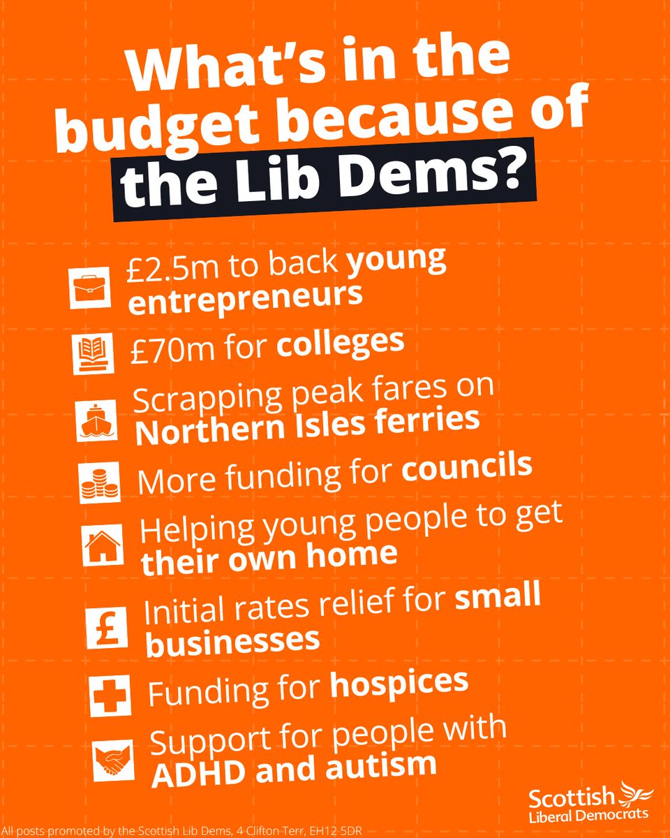 scotlibdems's tweet photo. Scottish Liberal Democrats are in the business of getting stuff done.

That is what the public deserve from politics.

All of these steps forward are in the budget because we put pressure on the Scottish Government to include them. https://t.co/DPGPVg99qA