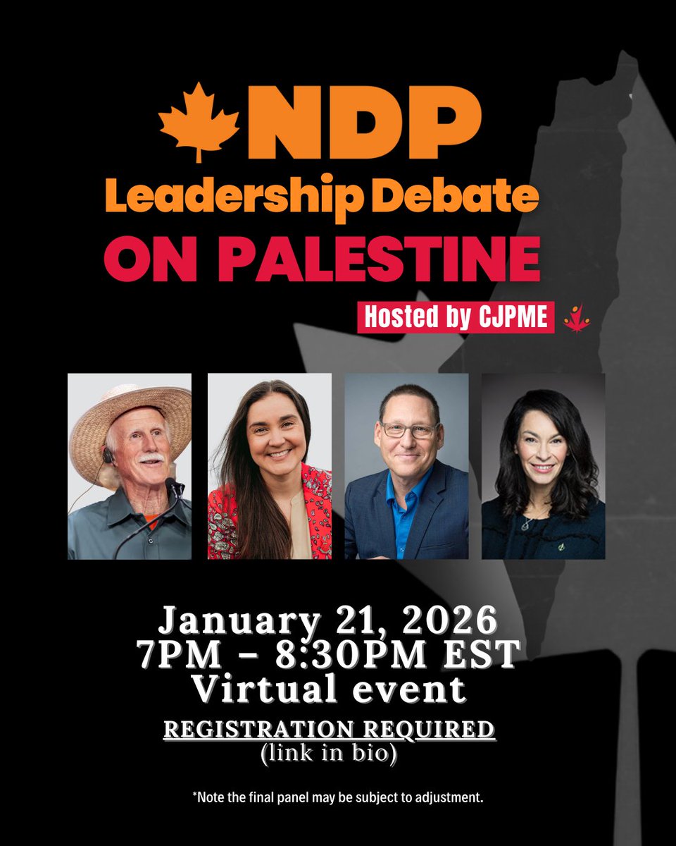We are hosting an NDP Leadership Debate on Palestine, January 21 at 7:00 PM EST. 

For the past two years, the Palestine movement has worked to hold Canada’s political establishment accountable. As the NDP increasingly brings advocates’ demands into Parliament, this debate will