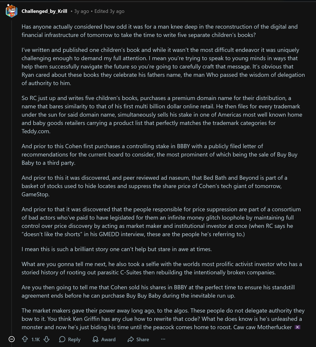 This three-year-old post by <a href="/DominosJack/">Challenged by Krill</a> sums up the sentiment towards the strange behaviour Ryan Cohen displayed in the BBBY activist venture.

He wouldn't have got involved if he couldn't win. 
He did his due diligence.
He knows what he wanted.