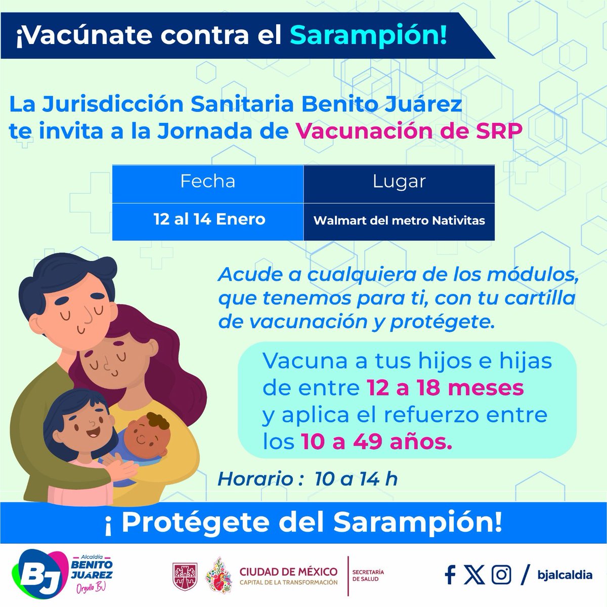 💉 ¡Protégete y protege a tu familia!
Contamos con un puesto de vacunación para la aplicación de la vacuna SPR (Sarampión, Paperas y Rubéola).
La vacunación es segura, gratuita y fundamental.
Acude hoy y mañana al Walmart del Metro Nativitas y completa tu esquema de vacunación.