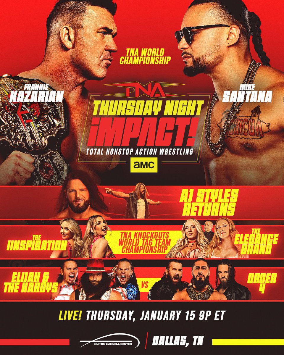 ThisIsTNA's tweet photo. #TNAiMPACT premieres on @AMC_TV THIS THURSDAY LIVE at 9/8c with a blockbuster line up!
- @FrankieKazarian vs. @Santana_Proud for the TNA World Title
- @AJStylesOrg returns to TNA
- The IInspiration vs. The Elegance Brand for the Knockouts World Tag Team Titles
- @_Iam_Elijah_ returns to action for the first time in six months teaming with The Hardys to face Order 4
Get tickets and join us in Dallas: https://t.co/fjizF20efg
