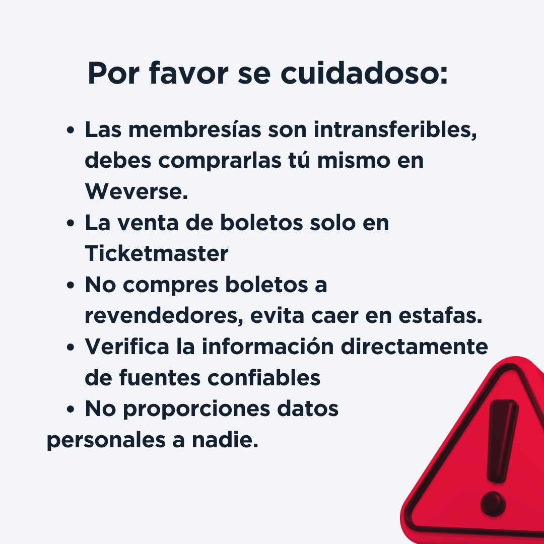 mxcharts's tweet photo. Por ahora es lo que necesitan, tengan cuidado por qué en los conciertos de HOTS: CDMX hubo mucha gente estafada porque no supo esperar. 

❌ Nadie les puede transferir las membresías
❌ No confíen en cualquiera que se diga ARMY https://t.co/E7V2KbWMZY